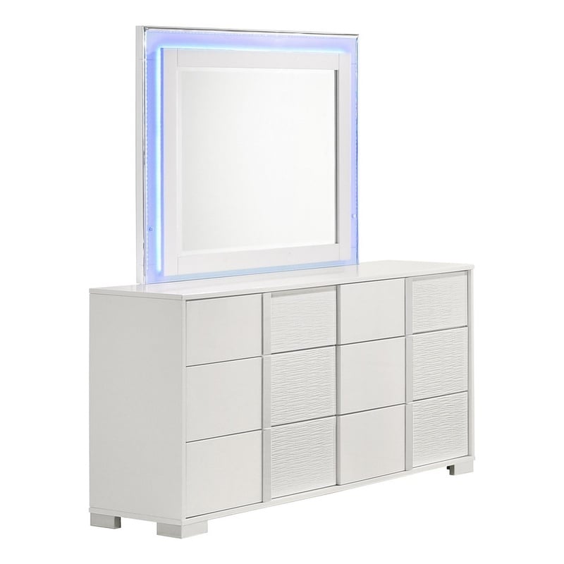 White Wood Lacquer 6 Drawer Dresser with Mirror and Blue LED Lighting