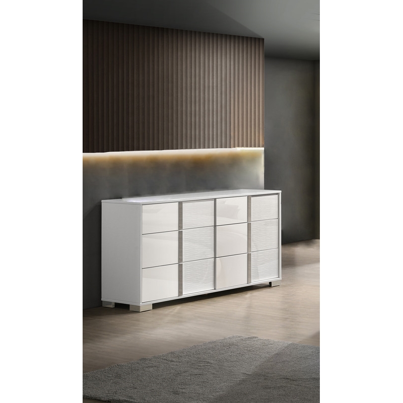 White Wood Lacquer 6 Drawer Dresser with Metal Trim Accent Handle and Leg