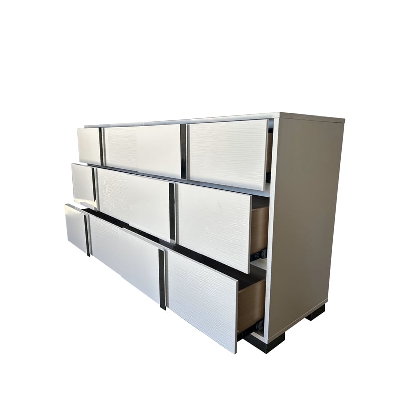 White Wood Lacquer 6 Drawer Dresser with Metal Trim Accent Handle and Leg