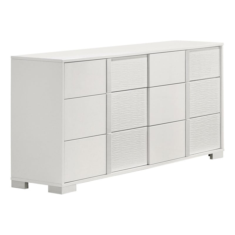 White Wood Lacquer 6 Drawer Dresser with Metal Trim Accent Handle and Leg