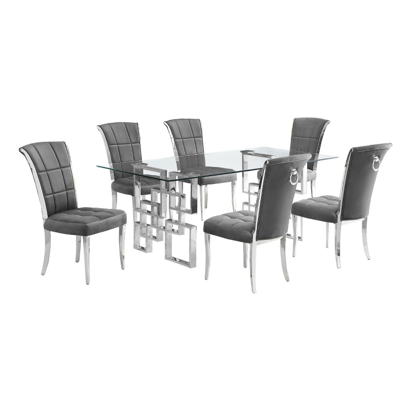 Best Quality Furniture 7pc Clear Glass Dining Set with Dark Gray Velvet Chairs