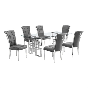 Best Quality Furniture 7pc Clear Glass Dining Set with Dark Gray Velvet Chairs