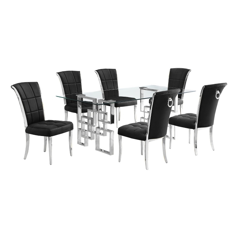 Best Quality Furniture 7pc Clear Glass Dining Set with Black Velvet Chairs