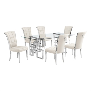 Best Quality Furniture 7pc Clear Glass Dining Set with Cream Velvet Chairs