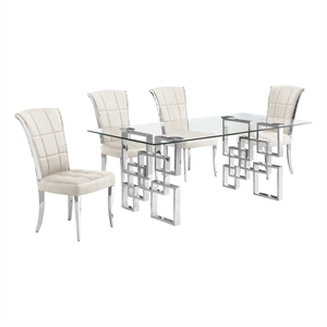Best Quality Furniture 5pc Clear Glass Dining Set with Cream Velvet Chairs