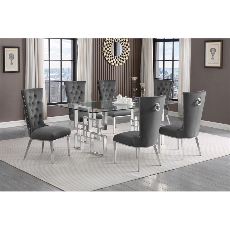 Best Quality Furniture 7pc Clear Glass Dining Set with Dark Gray Velvet Chairs