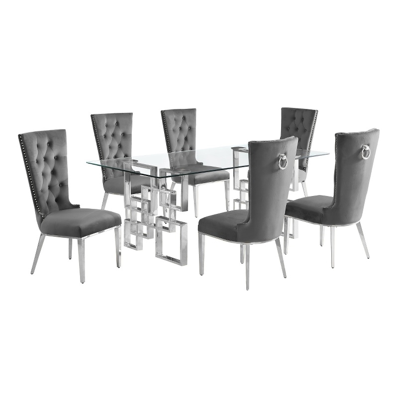 Best Quality Furniture 7pc Clear Glass Dining Set with Dark Gray Velvet Chairs