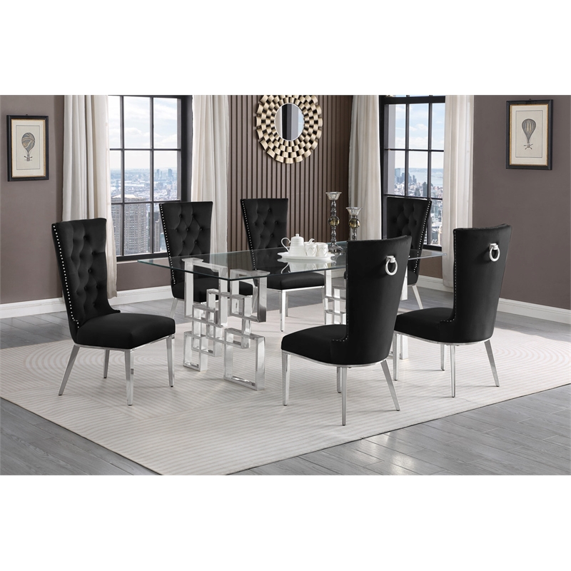 Best Quality Furniture 7pc Clear Glass Dining Set with Black Velvet Chairs