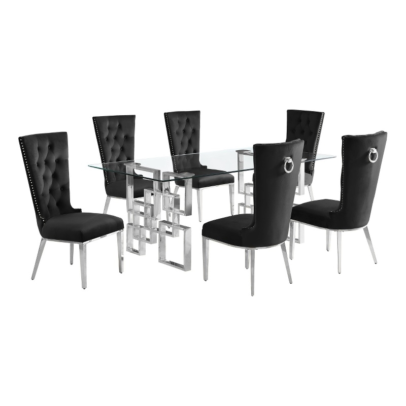 Best Quality Furniture 7pc Clear Glass Dining Set with Black Velvet Chairs