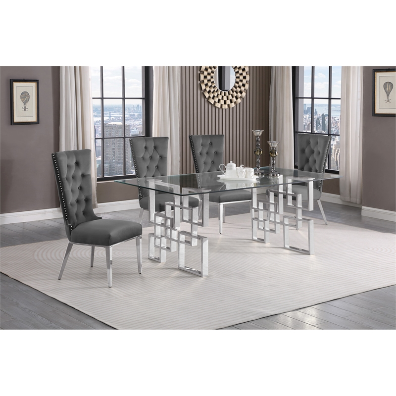 Best Quality Furniture 5pc Clear Glass Dining Set with Dark Gray Velvet Chairs