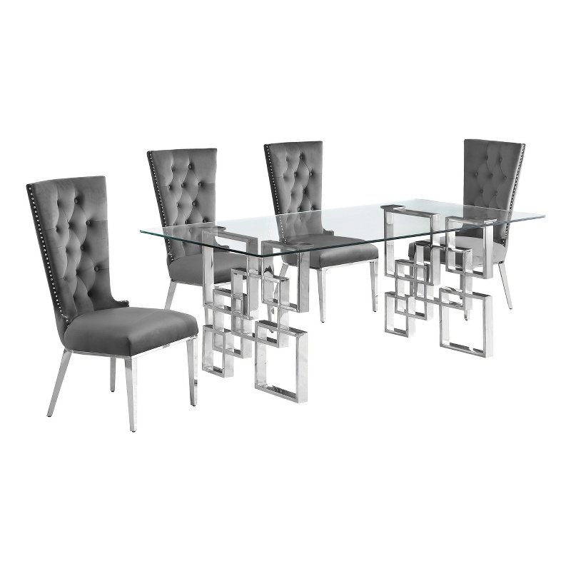 Best Quality Furniture 5pc Clear Glass Dining Set with Dark Gray Velvet Chairs