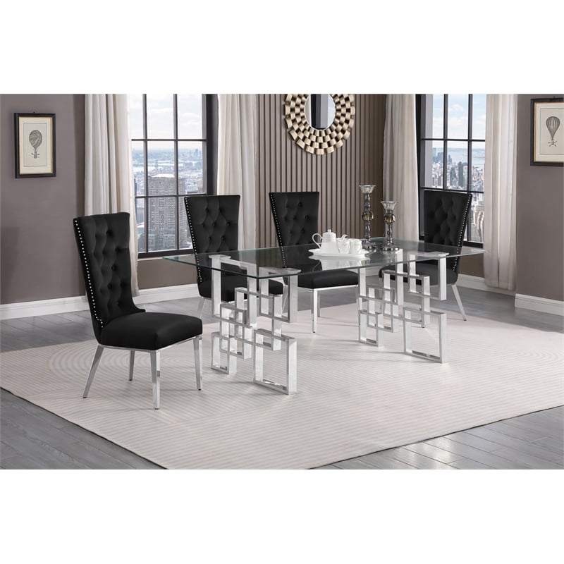 Best Quality Furniture 5pc Clear Glass Dining Set with Black Velvet Chairs
