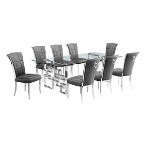 Best Quality Furniture 9pc Clear Glass Dining Set with Dark Gray Velvet Chairs