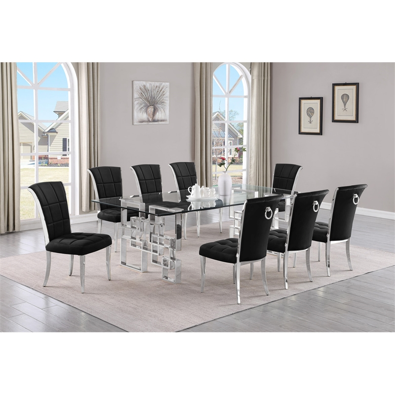 Best Quality Furniture 9pc Clear Glass Dining Set with Black Velvet Chairs