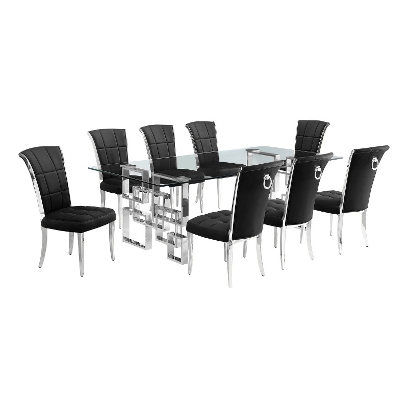 Best Quality Furniture 9pc Clear Glass Dining Set with Black Velvet Chairs
