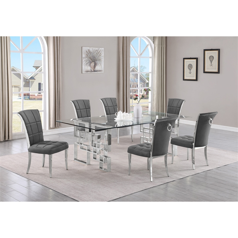Best Quality Furniture 7pc Clear Glass Dining Set with Dark Gray Velvet Chairs