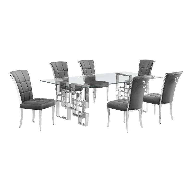 Best Quality Furniture 7pc Clear Glass Dining Set with Dark Gray Velvet Chairs