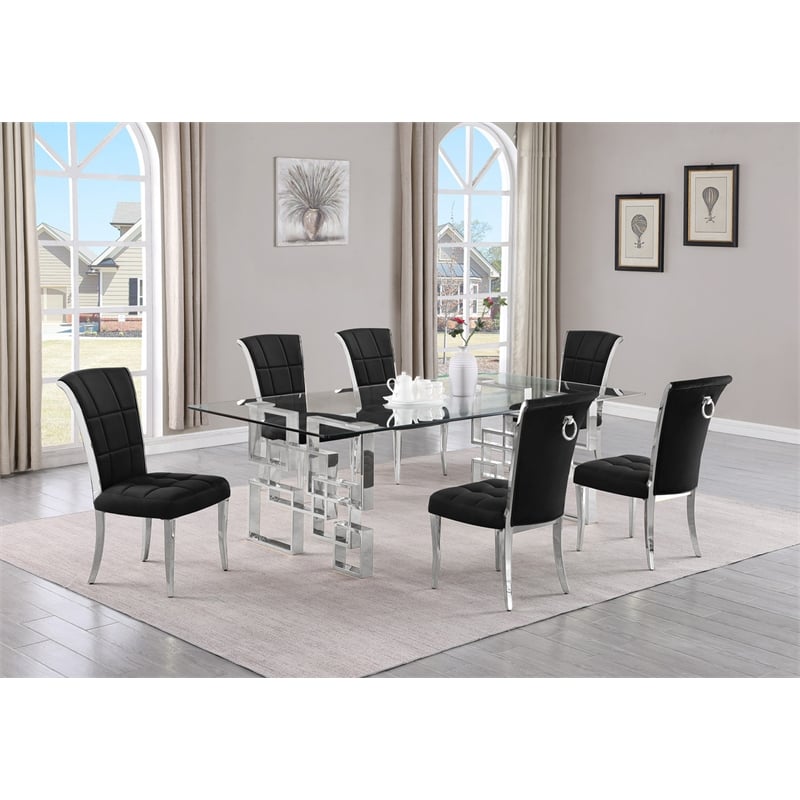 Best Quality Furniture 7pc Clear Glass Dining Set with Black Velvet Chairs