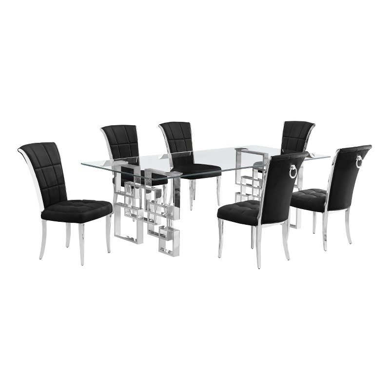Best Quality Furniture 7pc Clear Glass Dining Set with Black Velvet Chairs