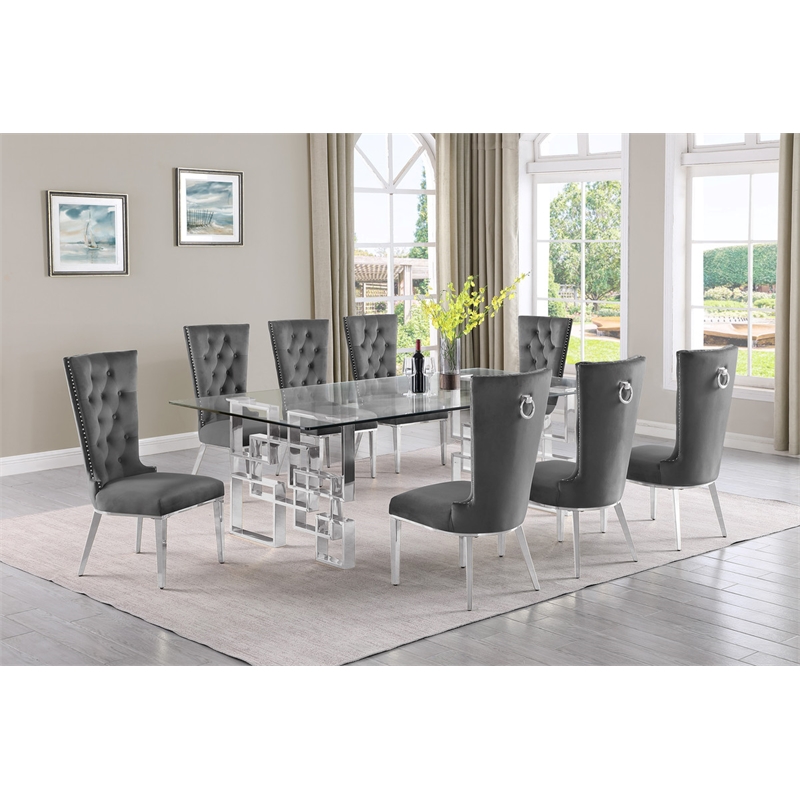 Best Quality Furniture 9pc Clear Glass Dining Set with Dark Gray Velvet Chairs
