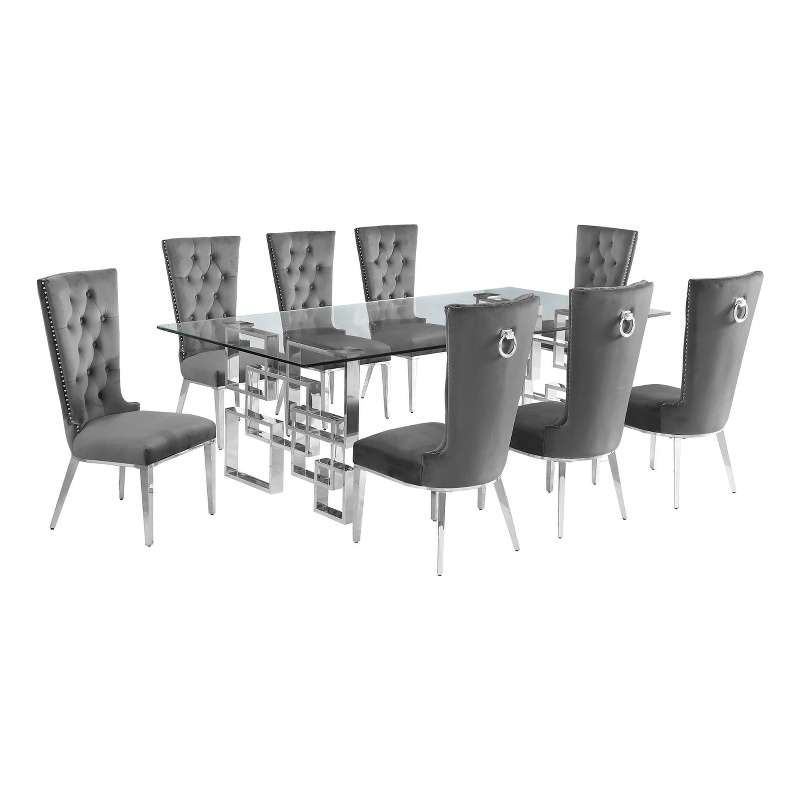 Best Quality Furniture 9pc Clear Glass Dining Set with Dark Gray Velvet Chairs