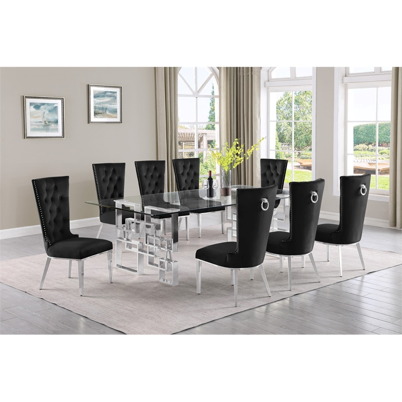 Best Quality Furniture 9pc Clear Glass Dining Set with Black Velvet Chairs
