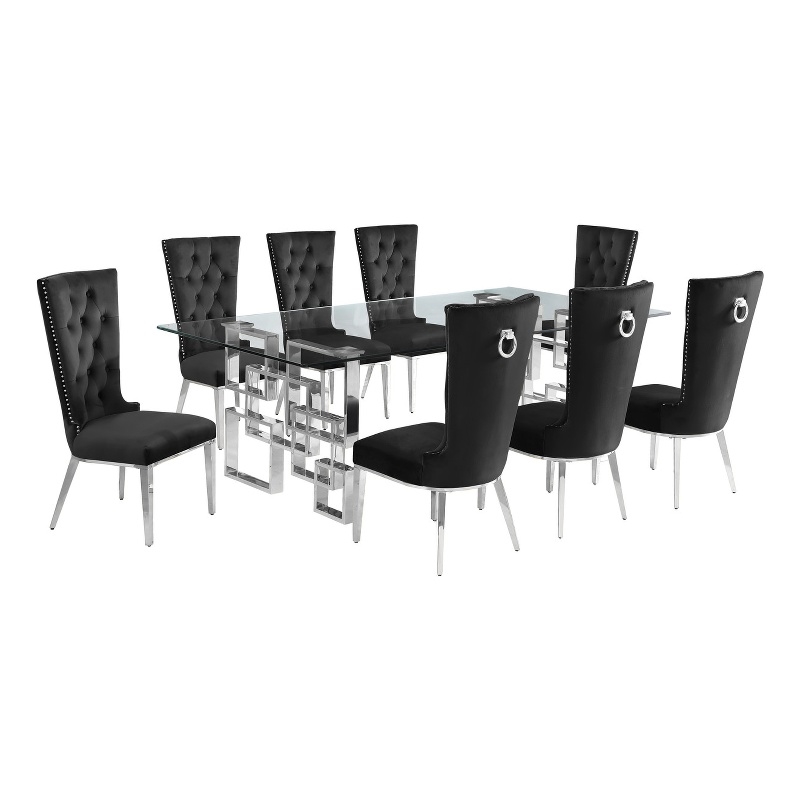 Best Quality Furniture 9pc Clear Glass Dining Set with Black Velvet Chairs