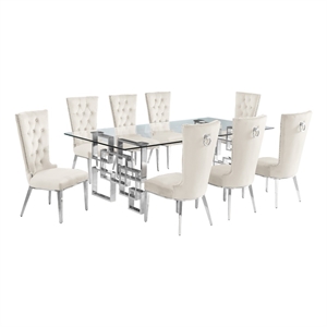 Best Quality Furniture 9pc Clear Glass Dining Set with Cream Velvet Chairs