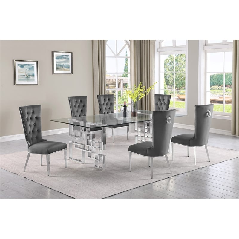 Best Quality Furniture 7pc Clear Glass Dining Set with Dark Gray Velvet Chairs