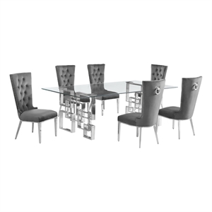 Best Quality Furniture 7pc Clear Glass Dining Set with Dark Gray Velvet Chairs