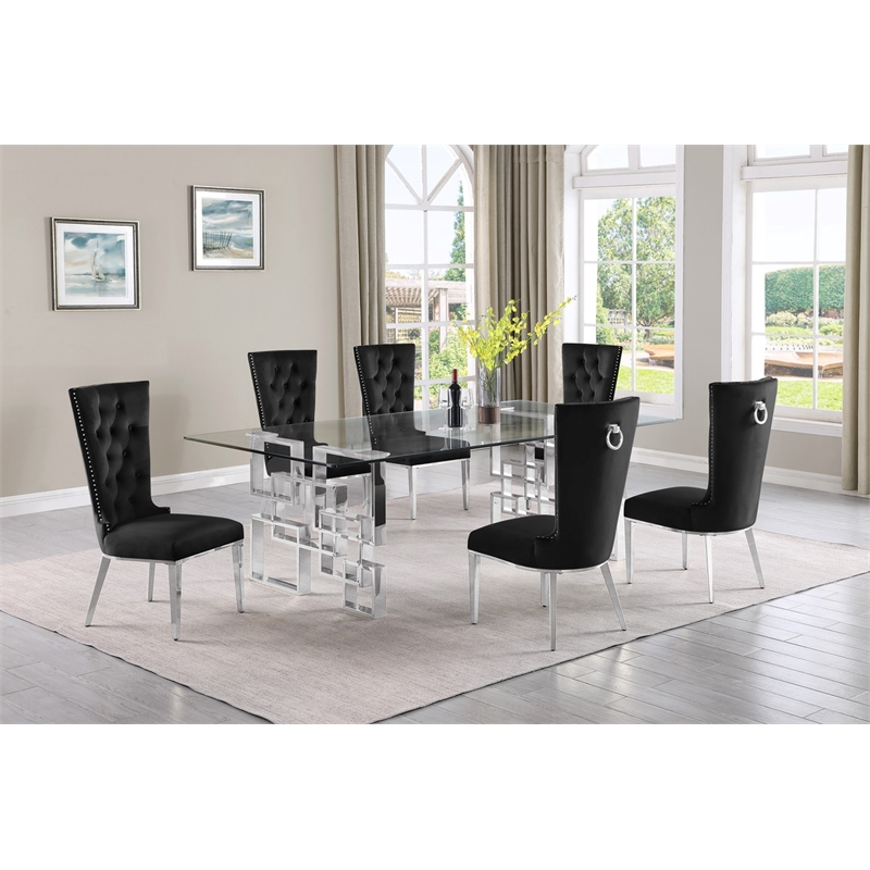 Best Quality Furniture 7pc Clear Glass Dining Set with Black Velvet Chairs