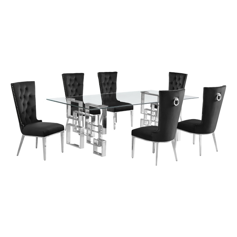 Best Quality Furniture 7pc Clear Glass Dining Set with Black Velvet Chairs