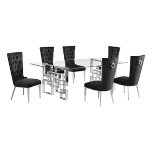 Best Quality Furniture 7pc Clear Glass Dining Set with Black Velvet Chairs
