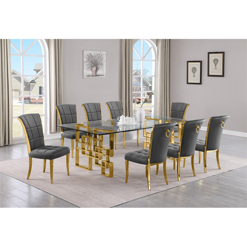 Best Quality Furniture 9pc Clear Glass Dining Set with Dark Gray Velvet Chairs
