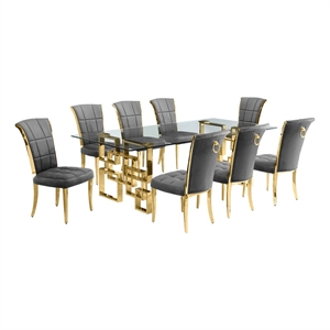 Best Quality Furniture 9pc Clear Glass Dining Set with Dark Gray Velvet Chairs