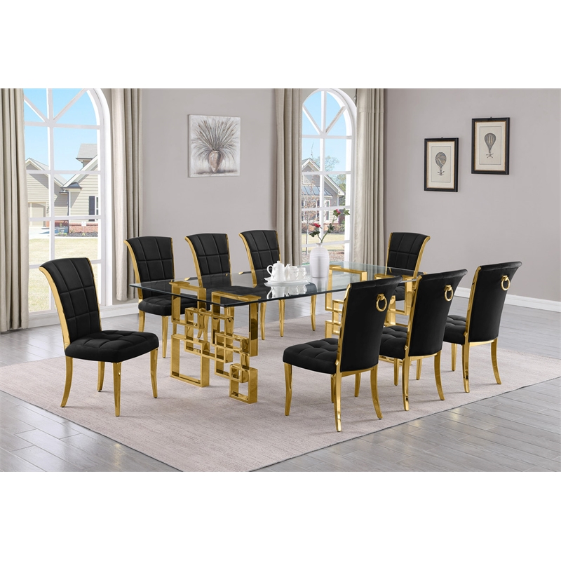 Best Quality Furniture 9pc Clear Glass Dining Set with Black Velvet Chairs