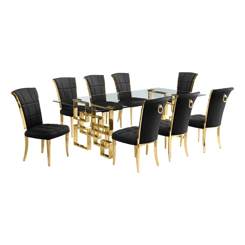 Best Quality Furniture 9pc Clear Glass Dining Set with Black Velvet Chairs