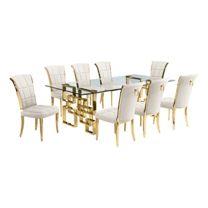 Best Quality Furniture 9pc Clear Glass Dining Set with Cream Velvet Chairs