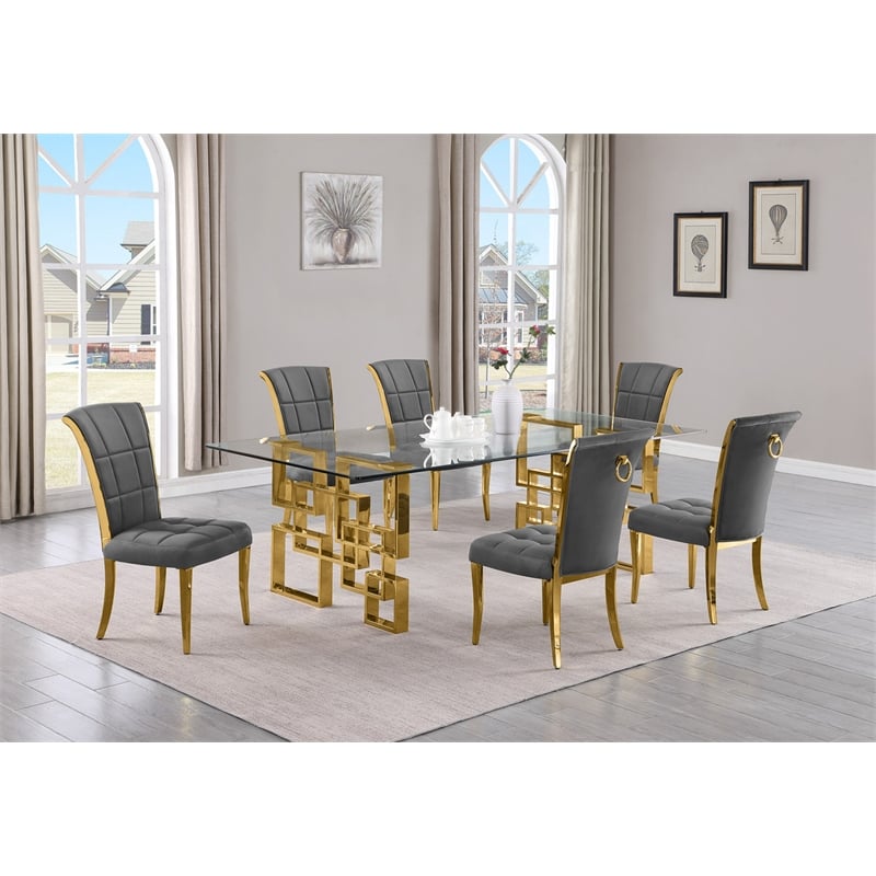 Best Quality Furniture 7pc Clear Glass Dining Set with Dark Gray Velvet Chairs