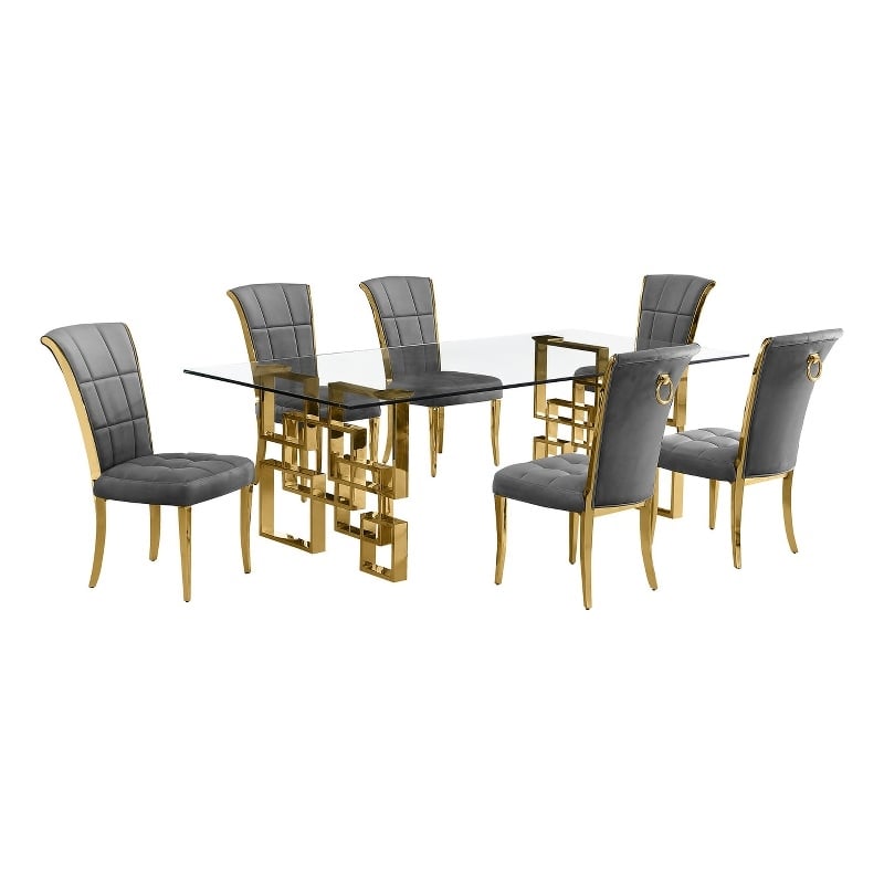 Best Quality Furniture 7pc Clear Glass Dining Set with Dark Gray Velvet Chairs