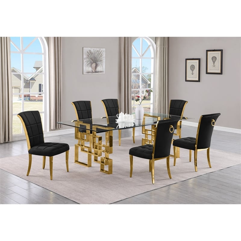 Best Quality Furniture 7pc Clear Glass Dining Set with Black Velvet Chairs