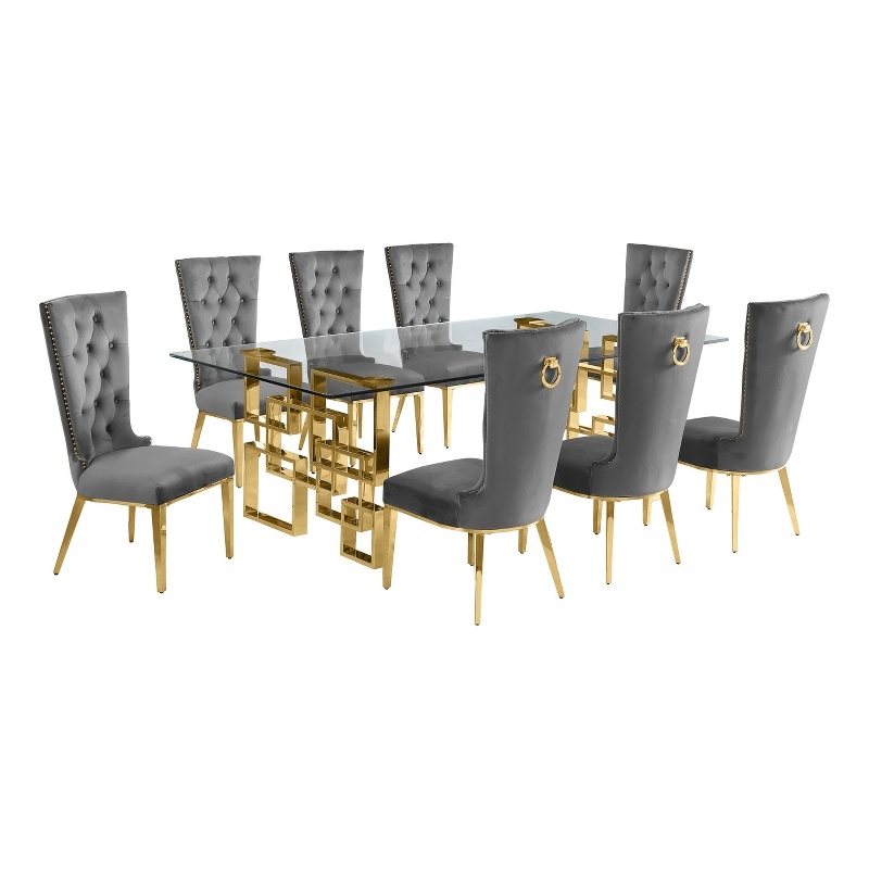 Best Quality Furniture 9pc Clear Glass Dining Set with Dark Gray Velvet Chairs