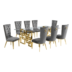 Best Quality Furniture 9pc Clear Glass Dining Set with Dark Gray Velvet Chairs