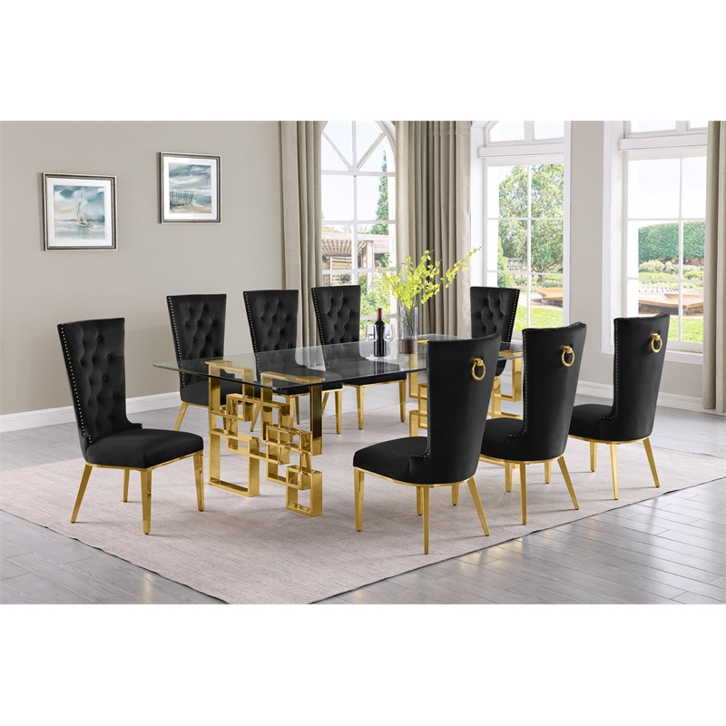 Best Quality Furniture 9pc Clear Glass Dining Set with Black Velvet Chairs