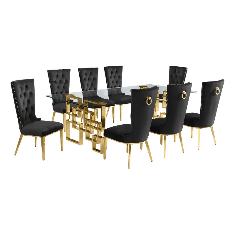 Best Quality Furniture 9pc Clear Glass Dining Set with Black Velvet Chairs