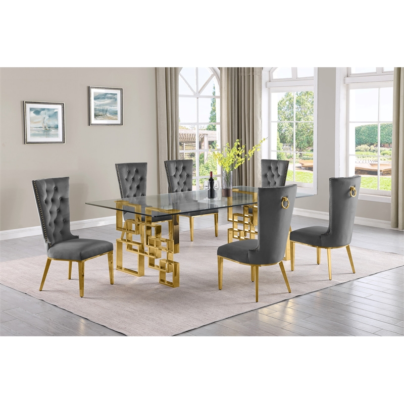 Best Quality Furniture 7pc Clear Glass Dining Set with Dark Gray Velvet Chairs