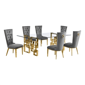 Best Quality Furniture 7pc Clear Glass Dining Set with Dark Gray Velvet Chairs