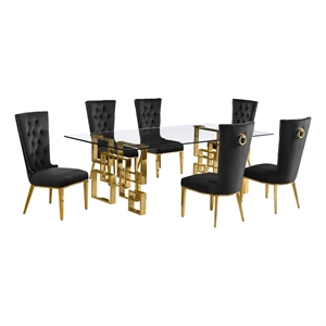 Best Quality Furniture 7pc Clear Glass Dining Set with Black Velvet Chairs