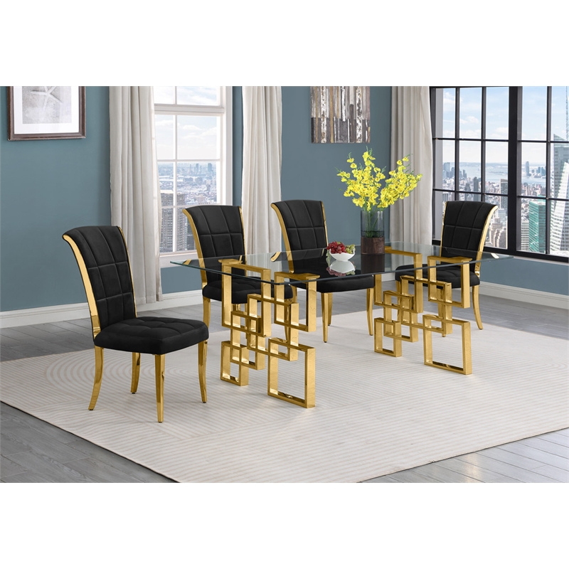 Best Quality Furniture 5pc Clear Glass Dining Set with Black Velvet Chairs