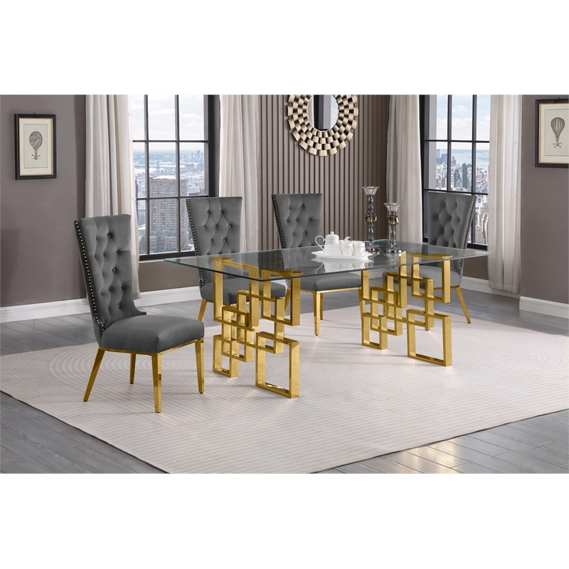 Best Quality Furniture 5pc Clear Glass Dining Set with Dark Gray Velvet Chairs